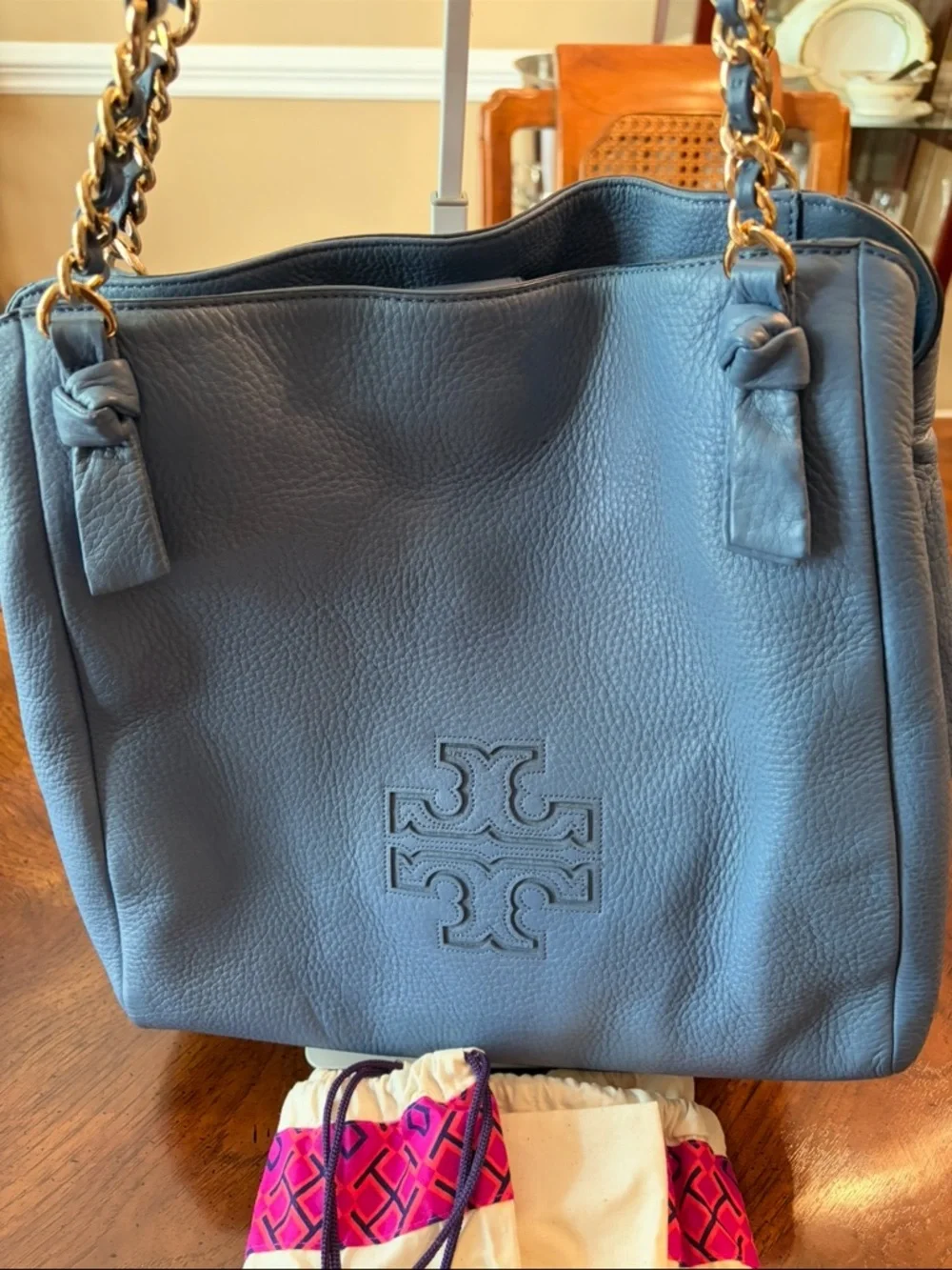 NWOT Tory Burch Harper Pebbled Leather Shoulder Tote w/Chain Straps - Slate Blue - Picture 3 of 14